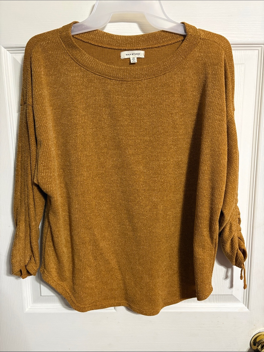 Max Studio Mustard Ribbed Crewneck Sweater with Drawstring Sleeves